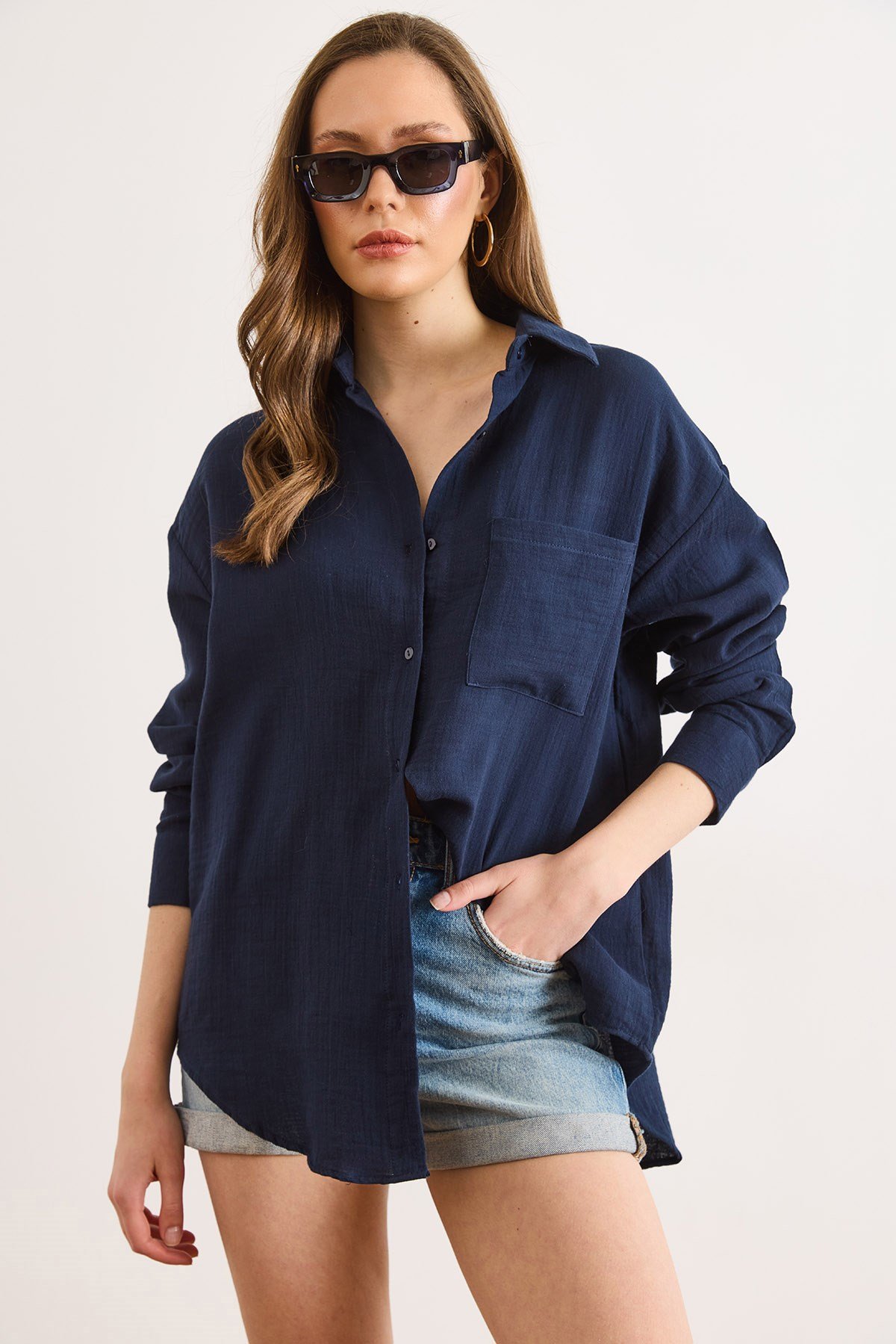 Oversize Basic Müslin Gömlek Lacivert