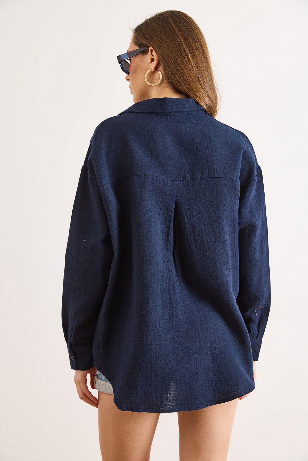Oversize Basic Müslin Gömlek Lacivert