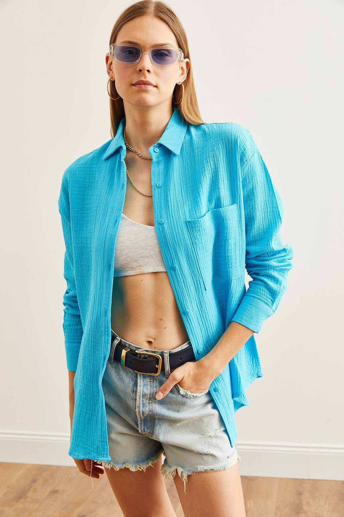 Oversize Basic Müslin Gömlek Mavi