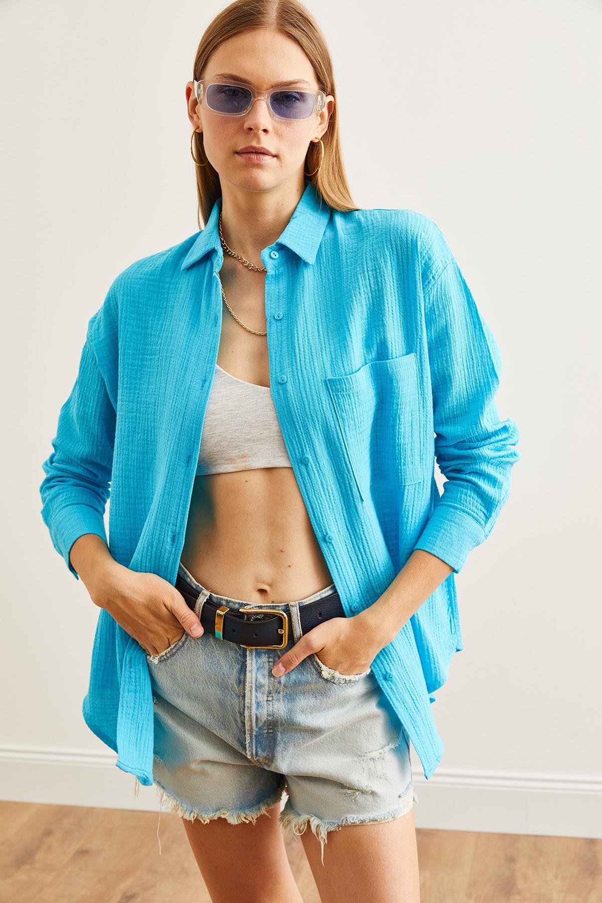 Oversize Basic Müslin Gömlek Mavi