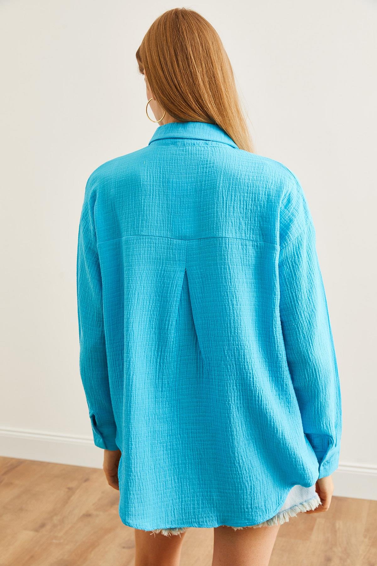 Oversize Basic Müslin Gömlek Mavi