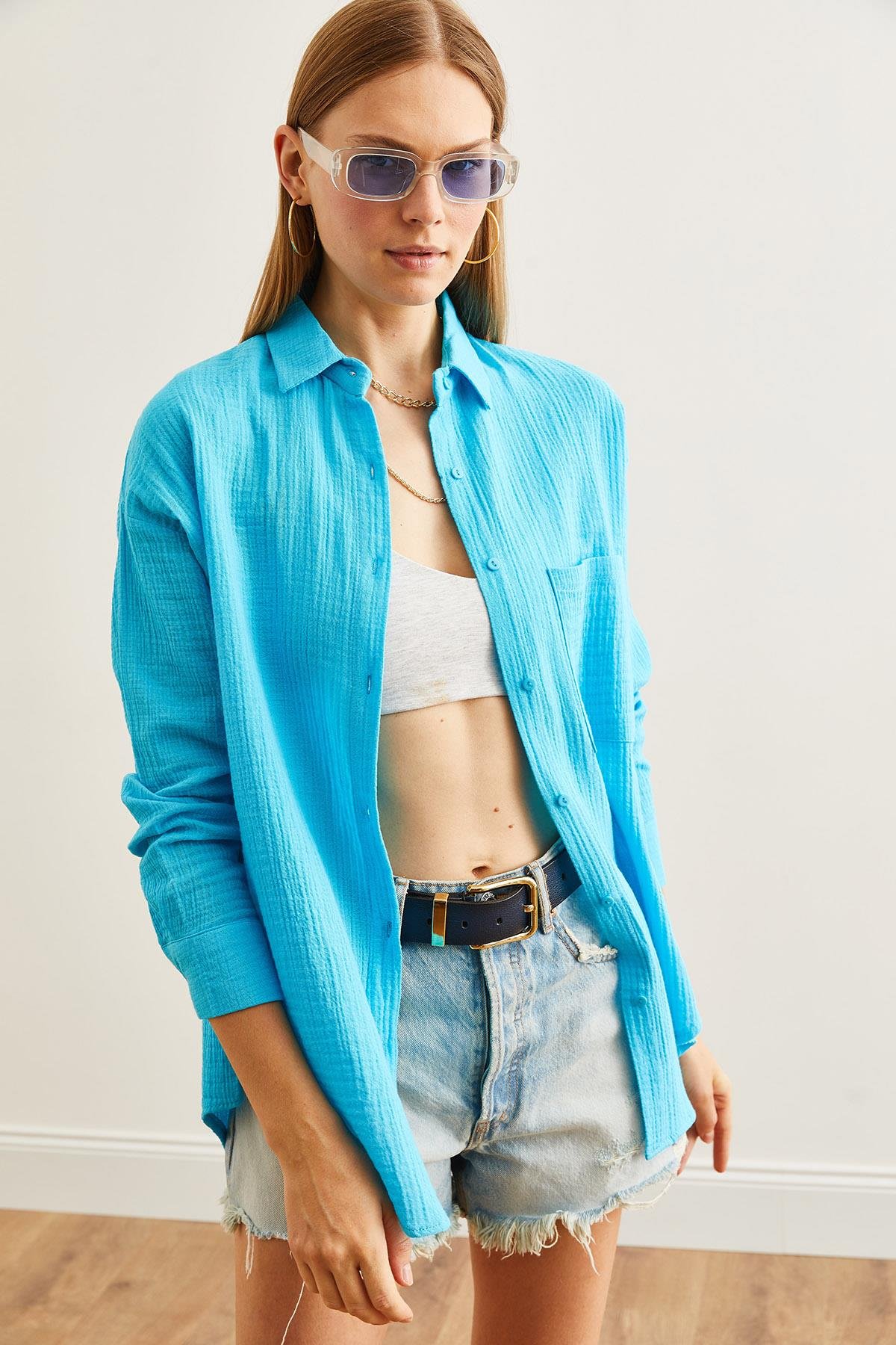 Oversize Basic Müslin Gömlek Mavi