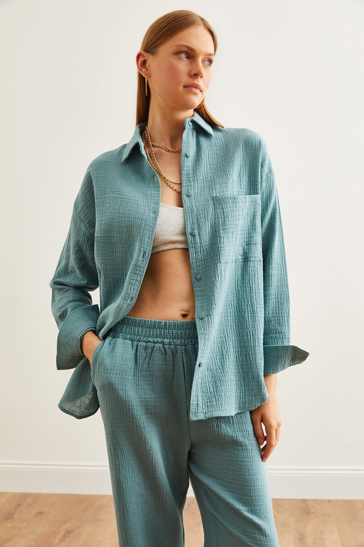 Oversize Basic Müslin Gömlek Mint Yeşili