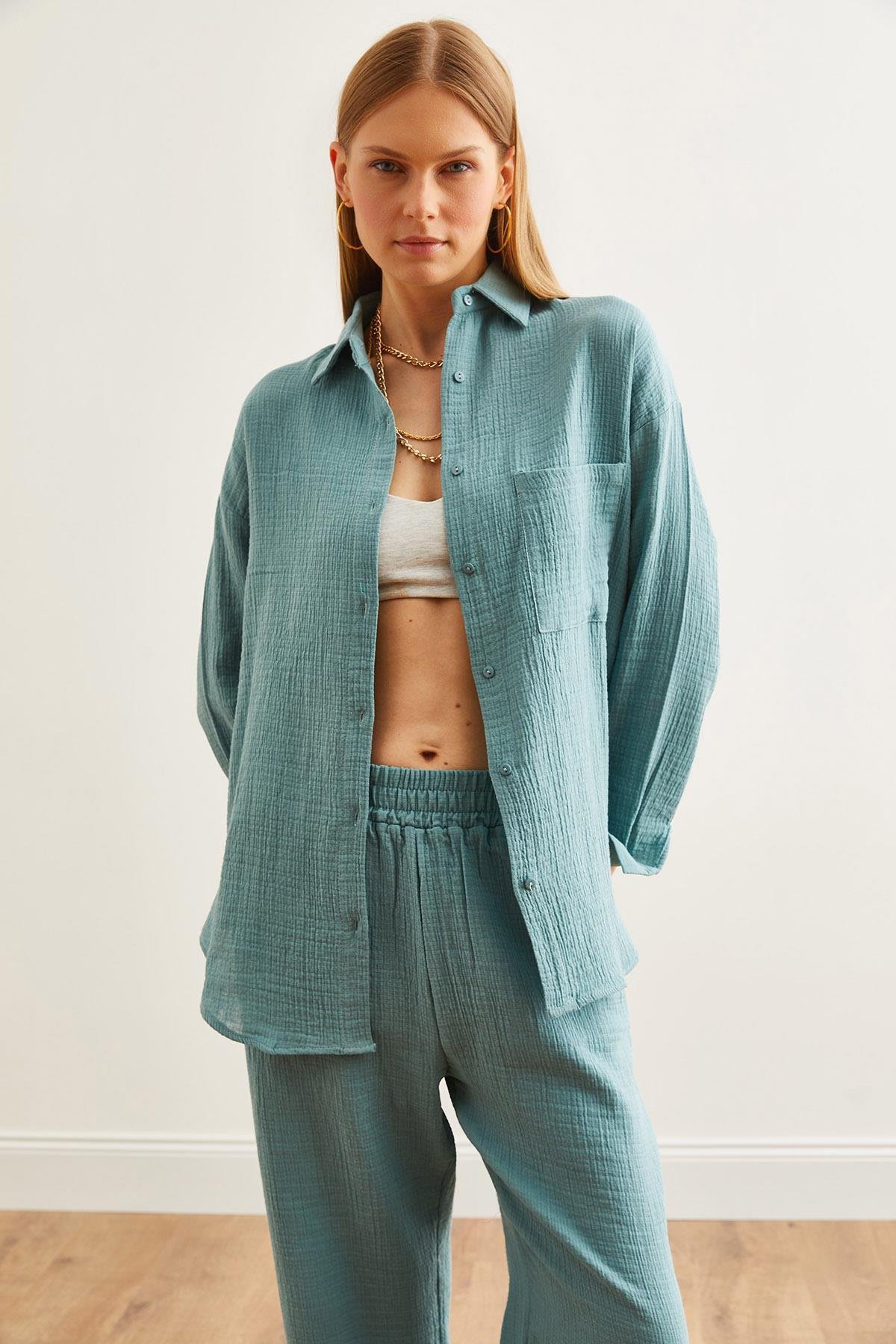 Oversize Basic Müslin Gömlek Mint Yeşili