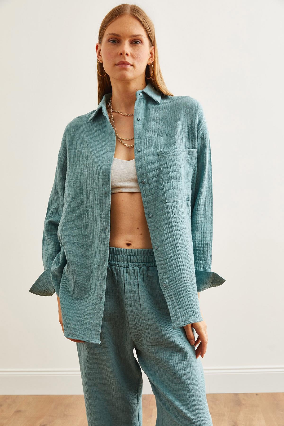 Oversize Basic Müslin Gömlek Mint Yeşili