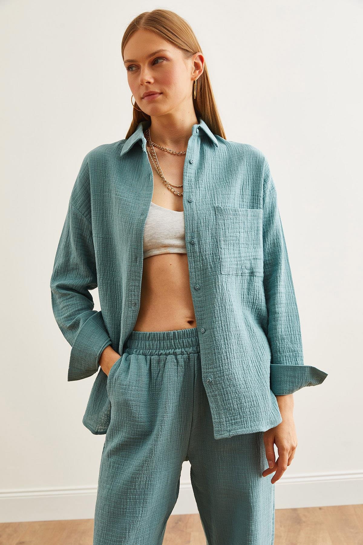 Oversize Basic Müslin Gömlek Mint Yeşili