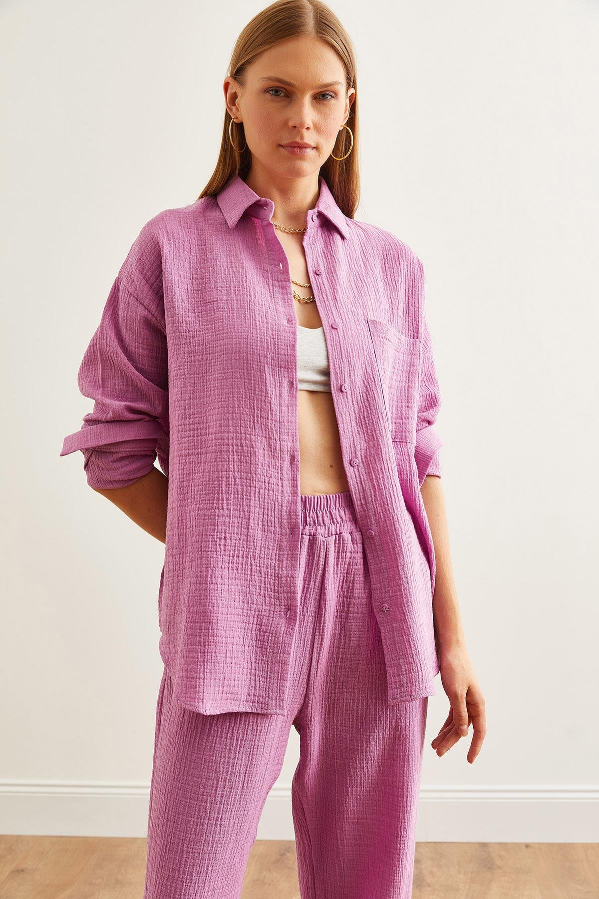 Oversize Basic Müslin Gömlek Mor