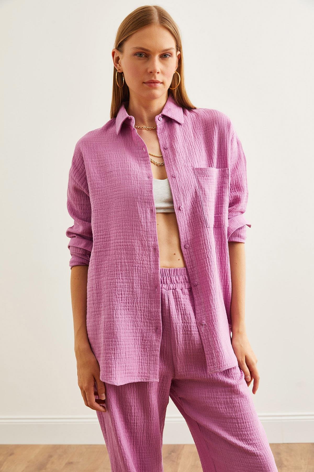 Oversize Basic Müslin Gömlek Mor