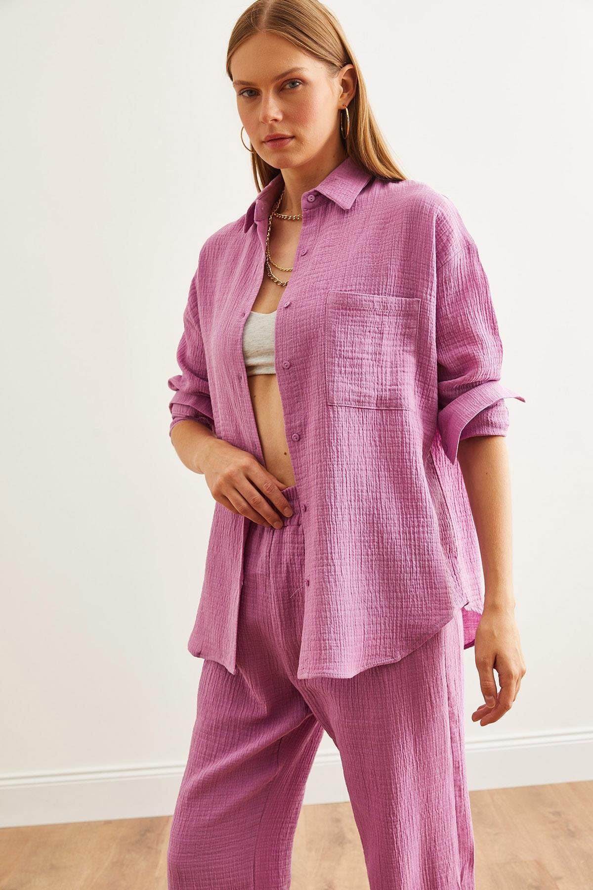 Oversize Basic Müslin Gömlek Mor
