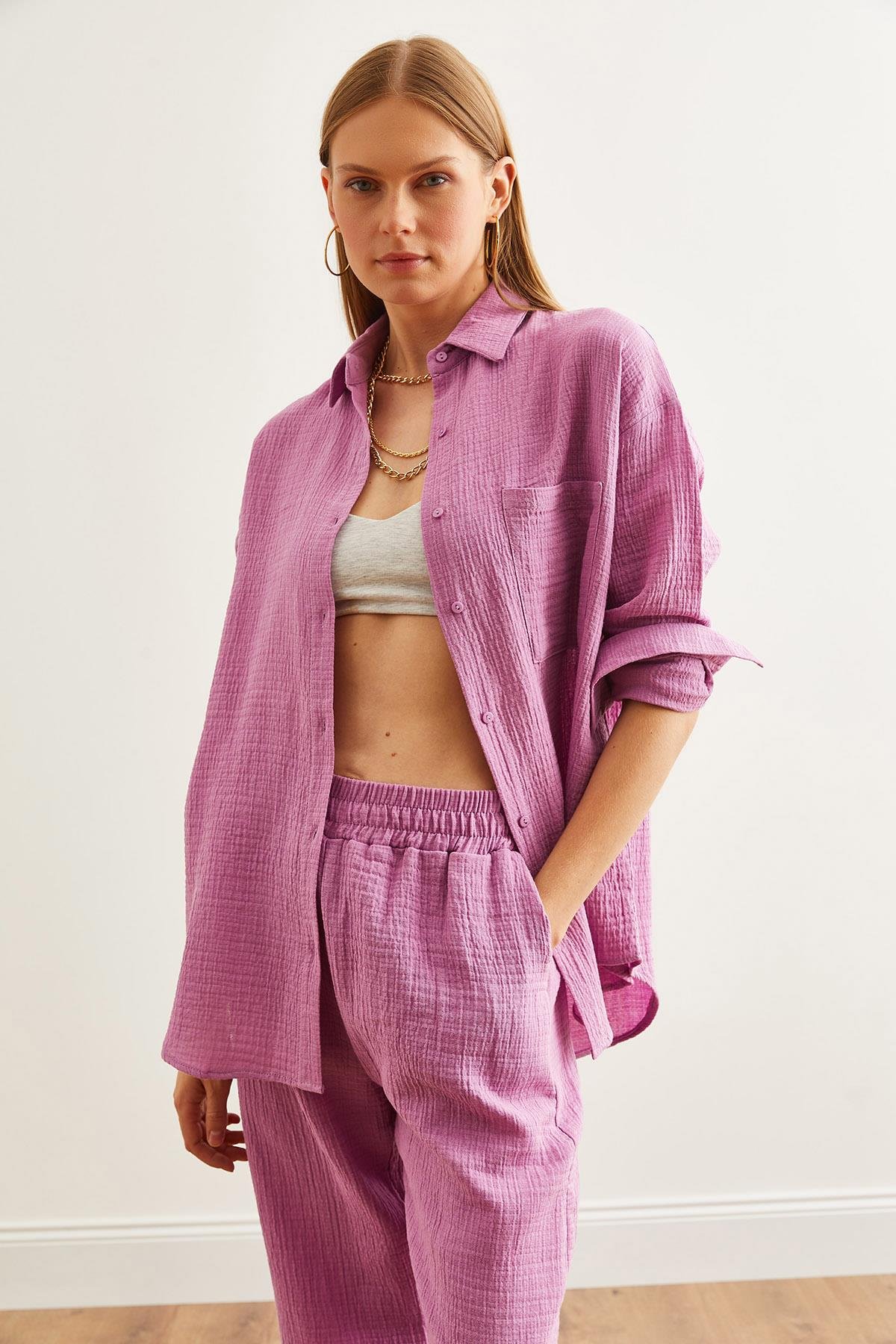 Oversize Basic Müslin Gömlek Mor