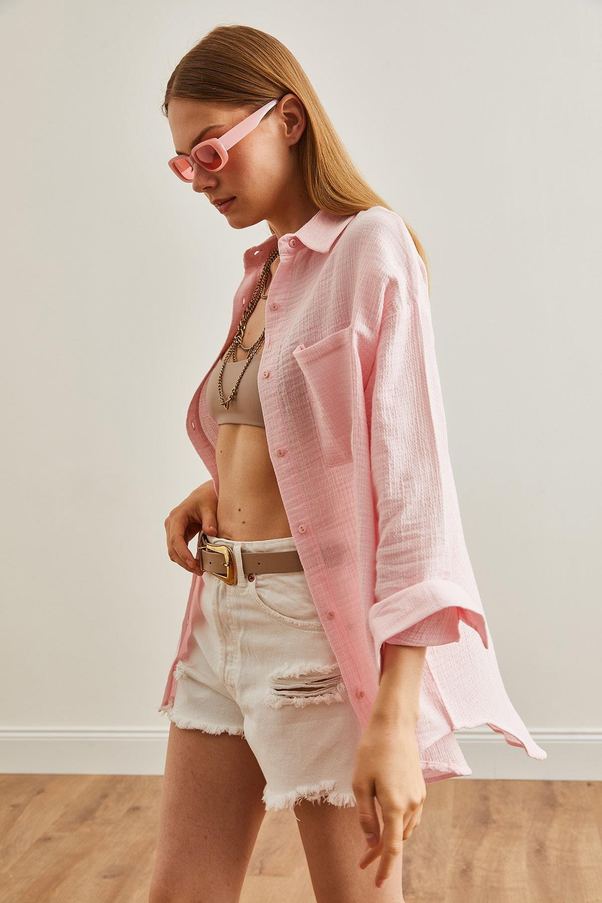 Oversize Basic Müslin Gömlek Şeker Pembe