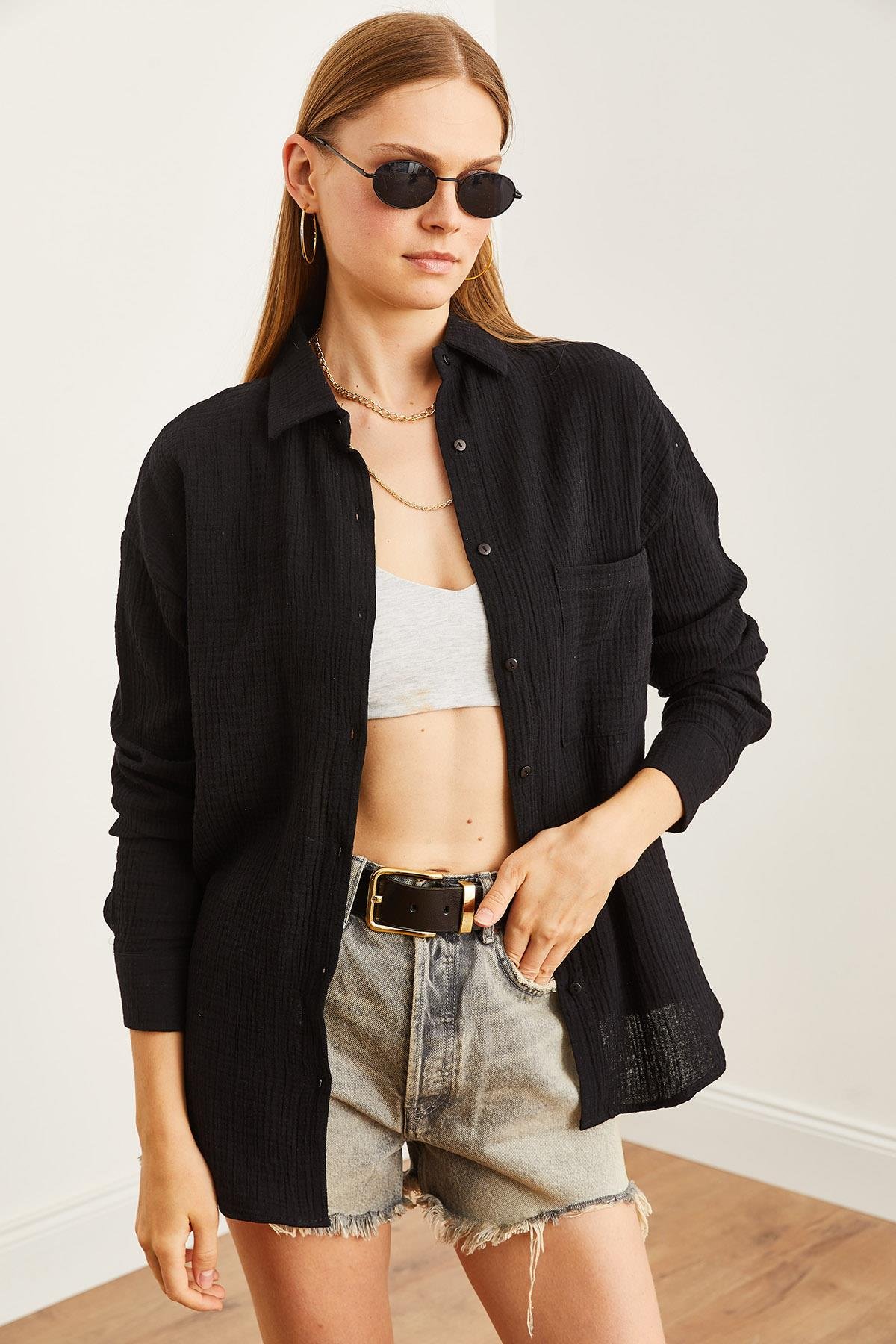 Oversize Basic Müslin Gömlek Siyah