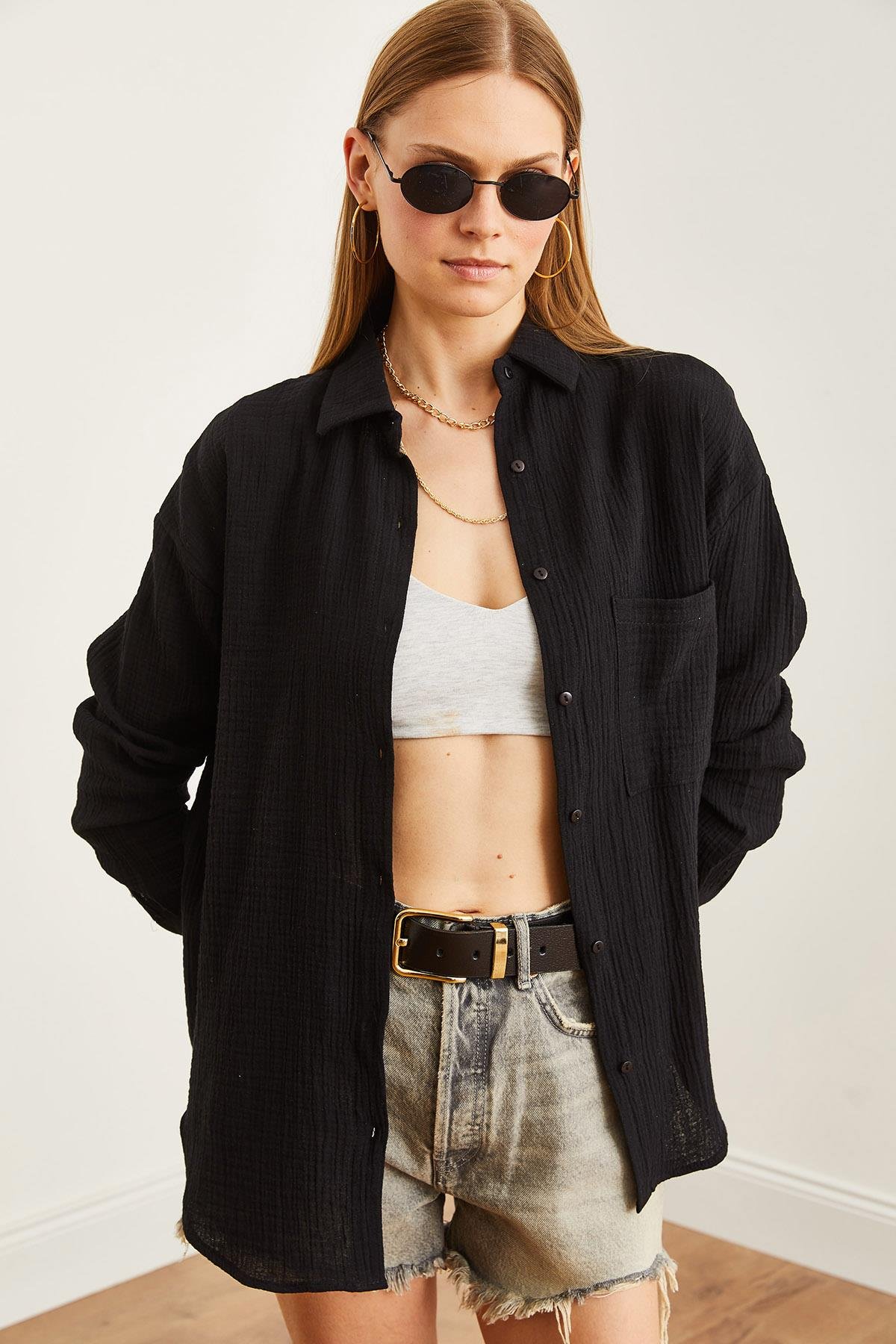 Oversize Basic Müslin Gömlek Siyah