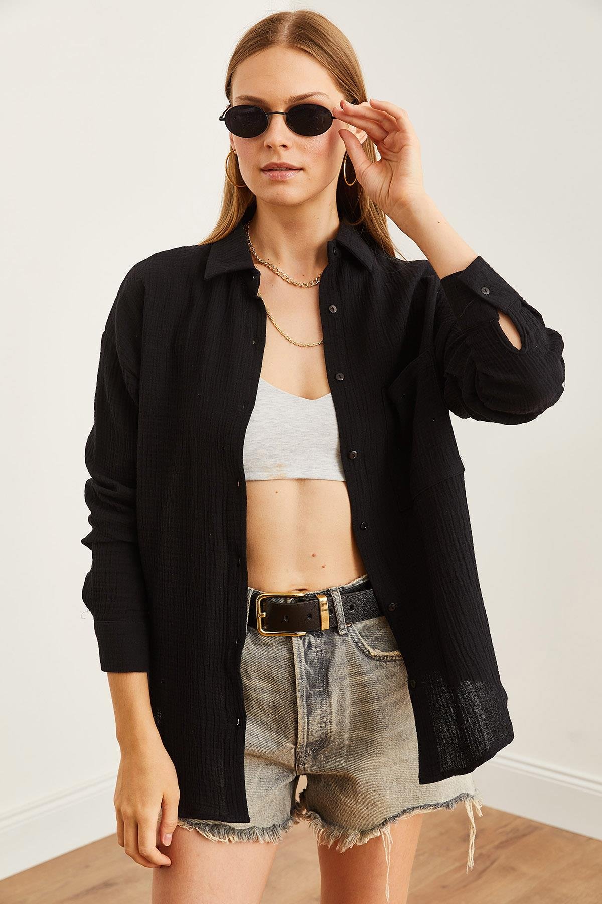 Oversize Basic Müslin Gömlek Siyah