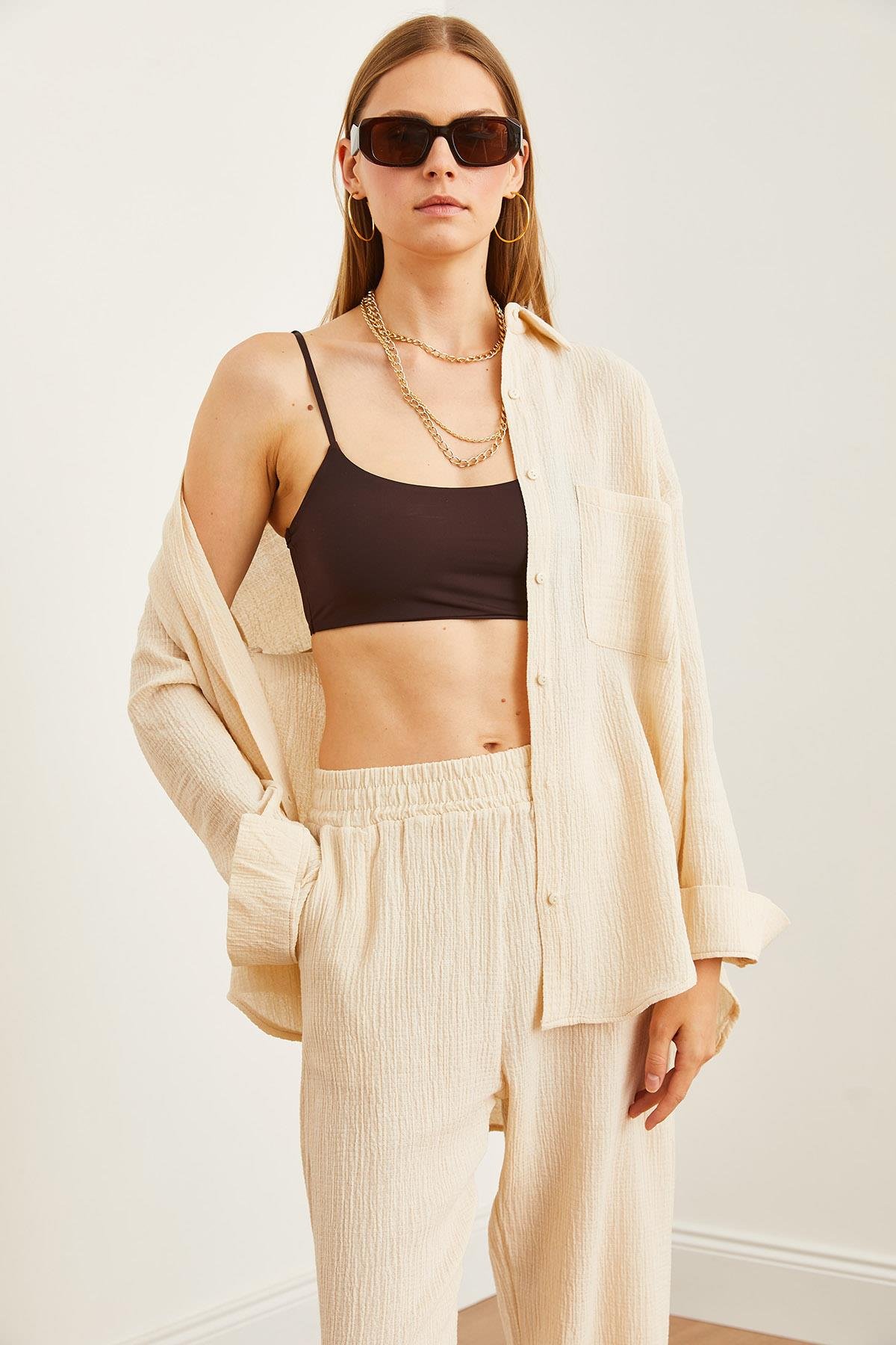 Oversize Basic Müslin Gömlek Taş