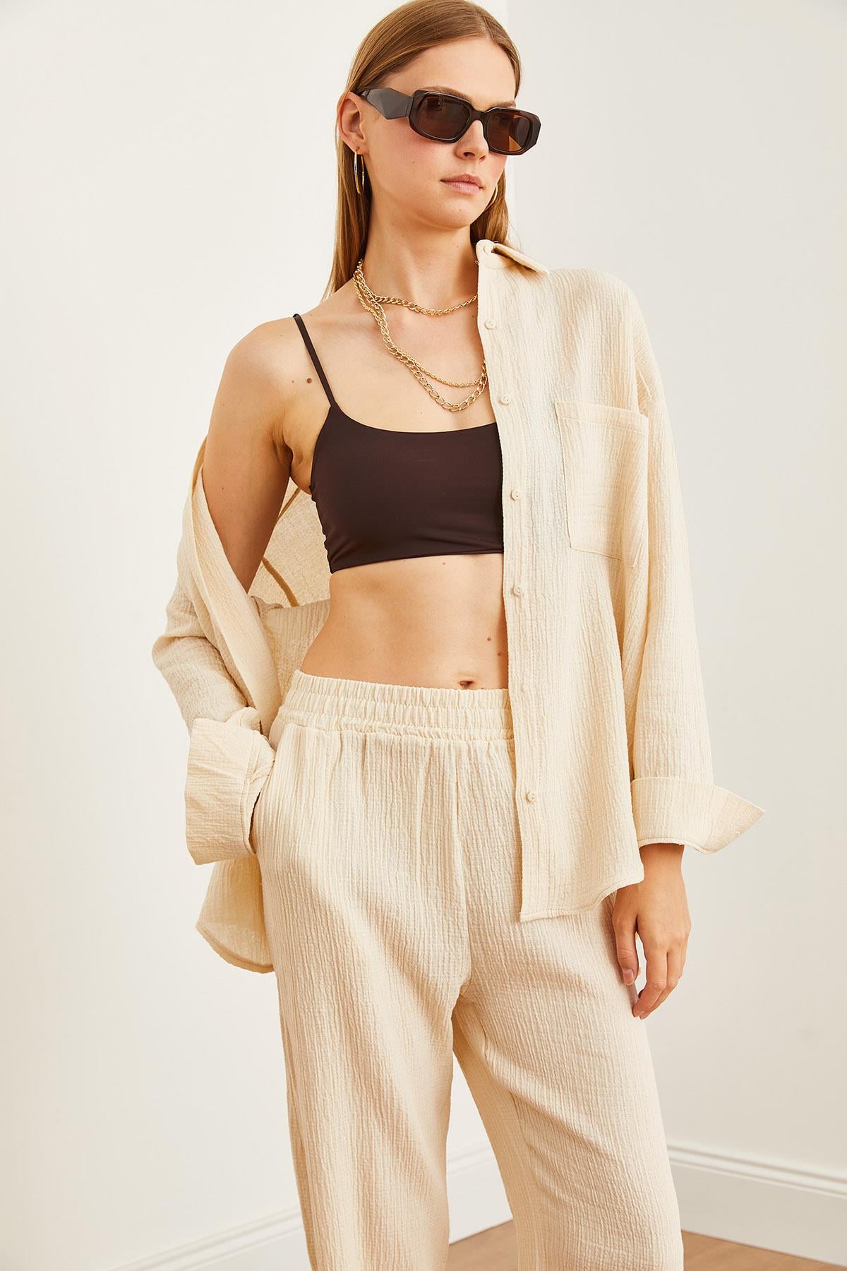 Oversize Basic Müslin Gömlek Taş