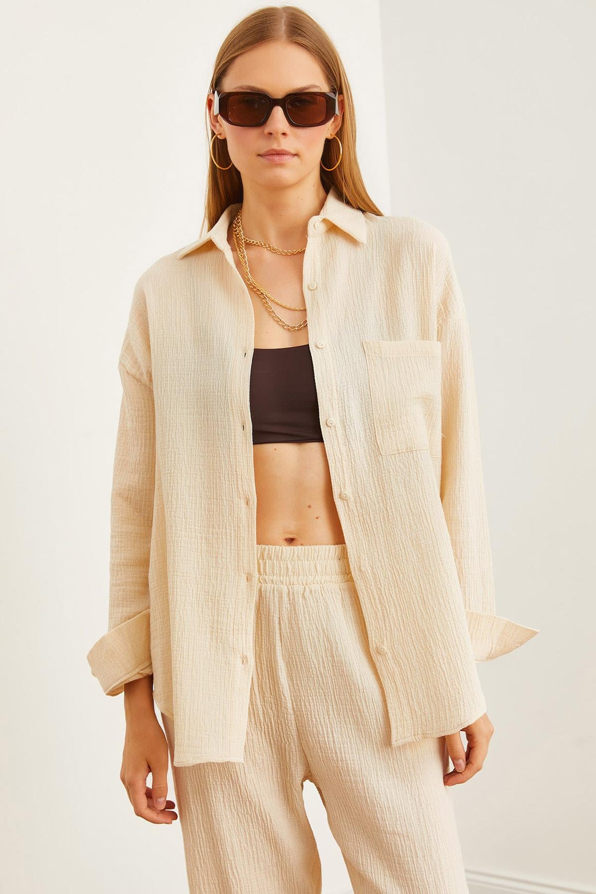 Oversize Basic Müslin Gömlek Taş