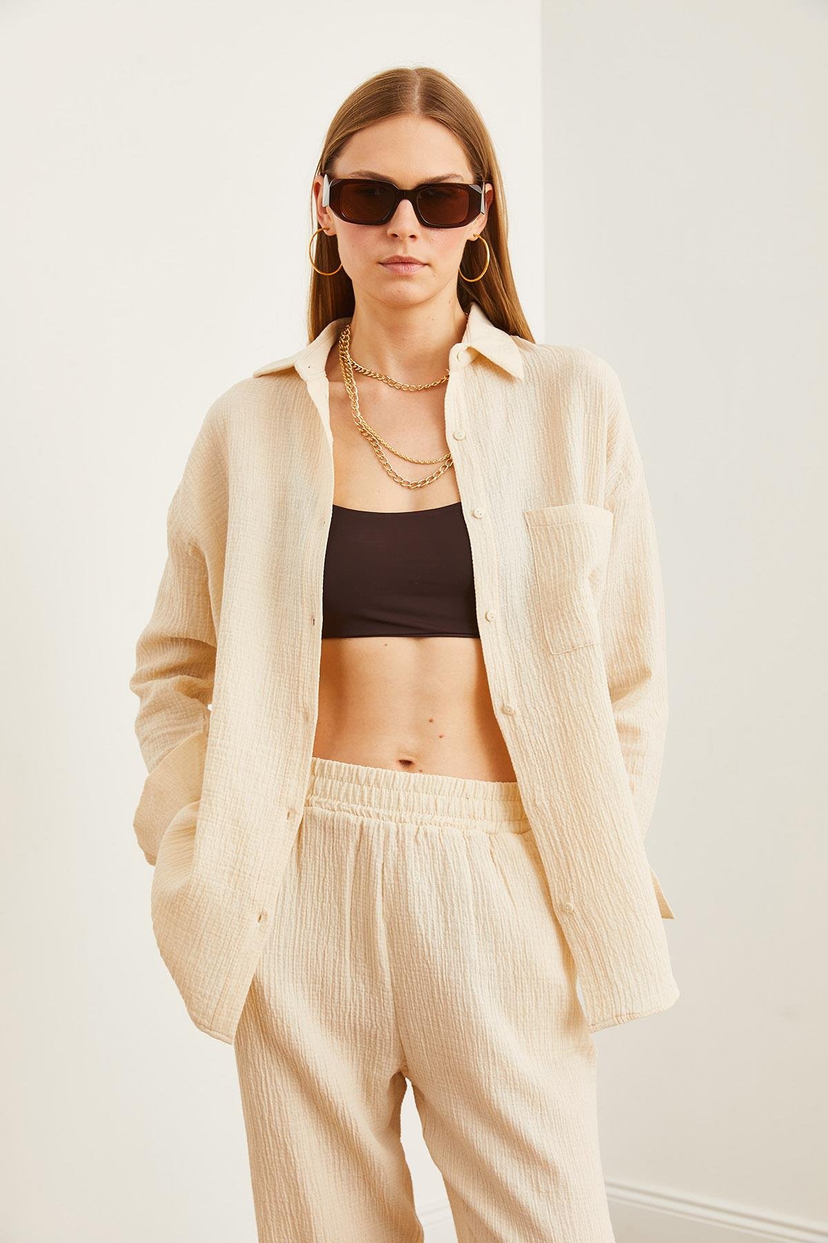 Oversize Basic Müslin Gömlek Taş