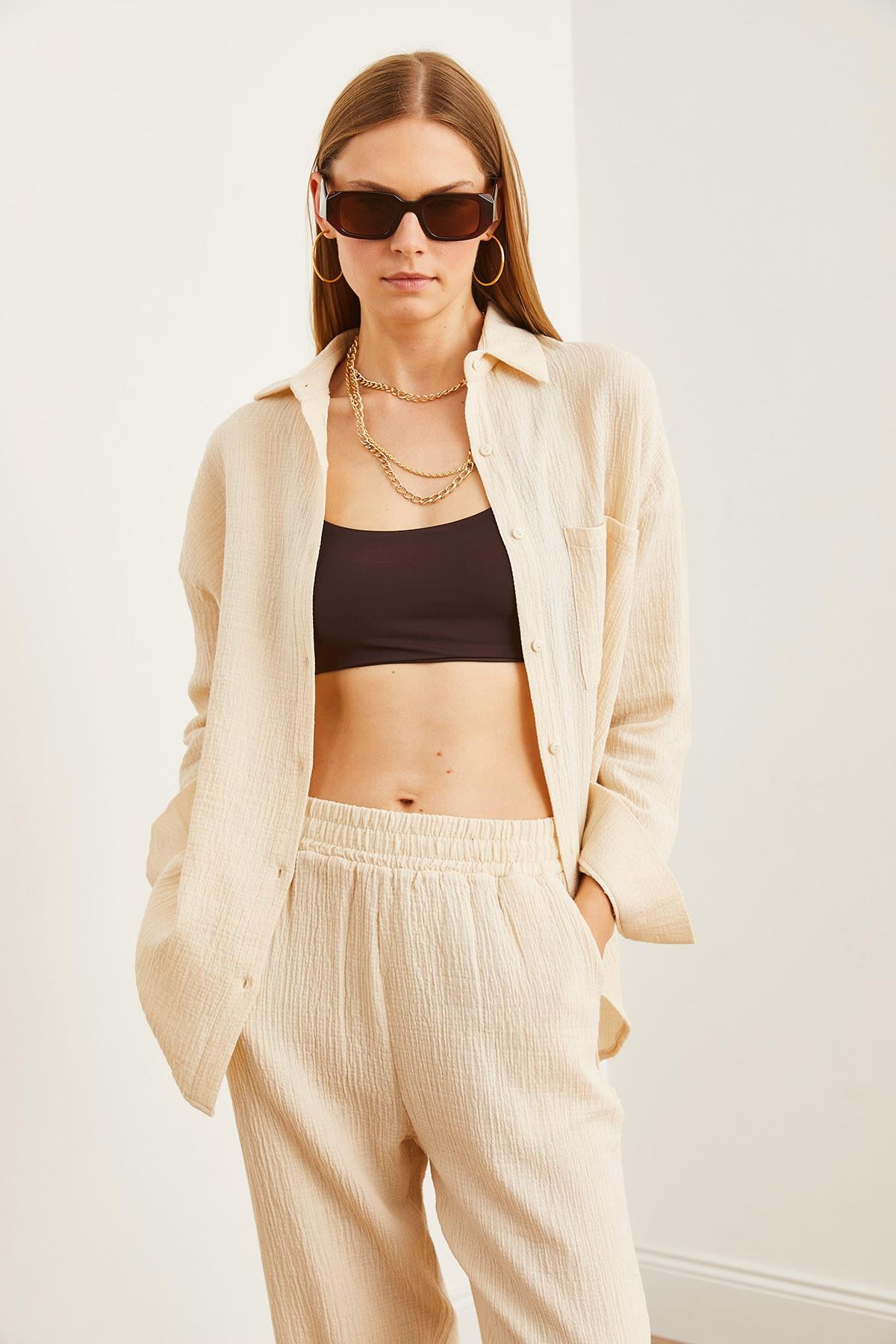 Oversize Basic Müslin Gömlek Taş