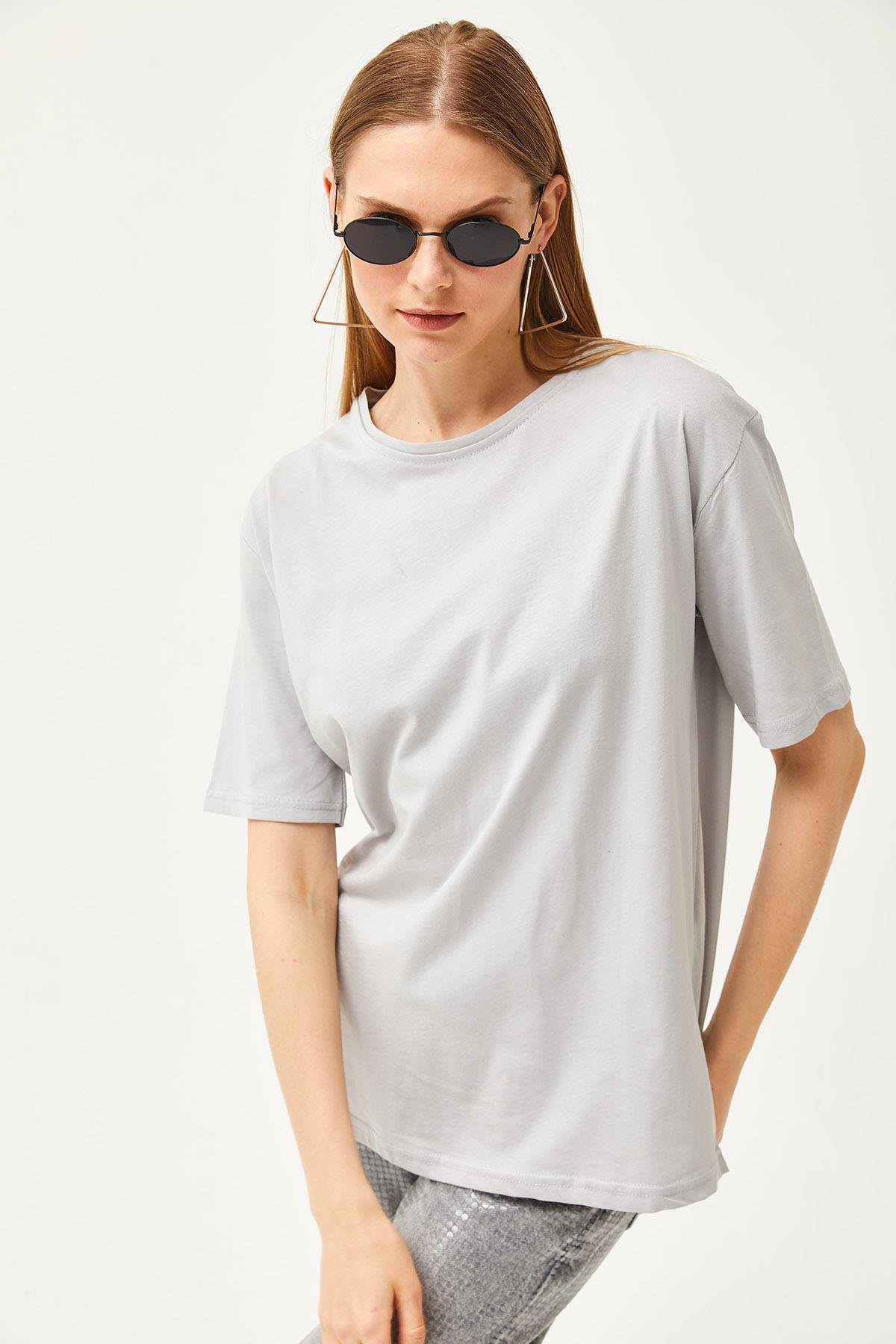 Oversize Bisiklet Yaka Tişört Yunus Gri