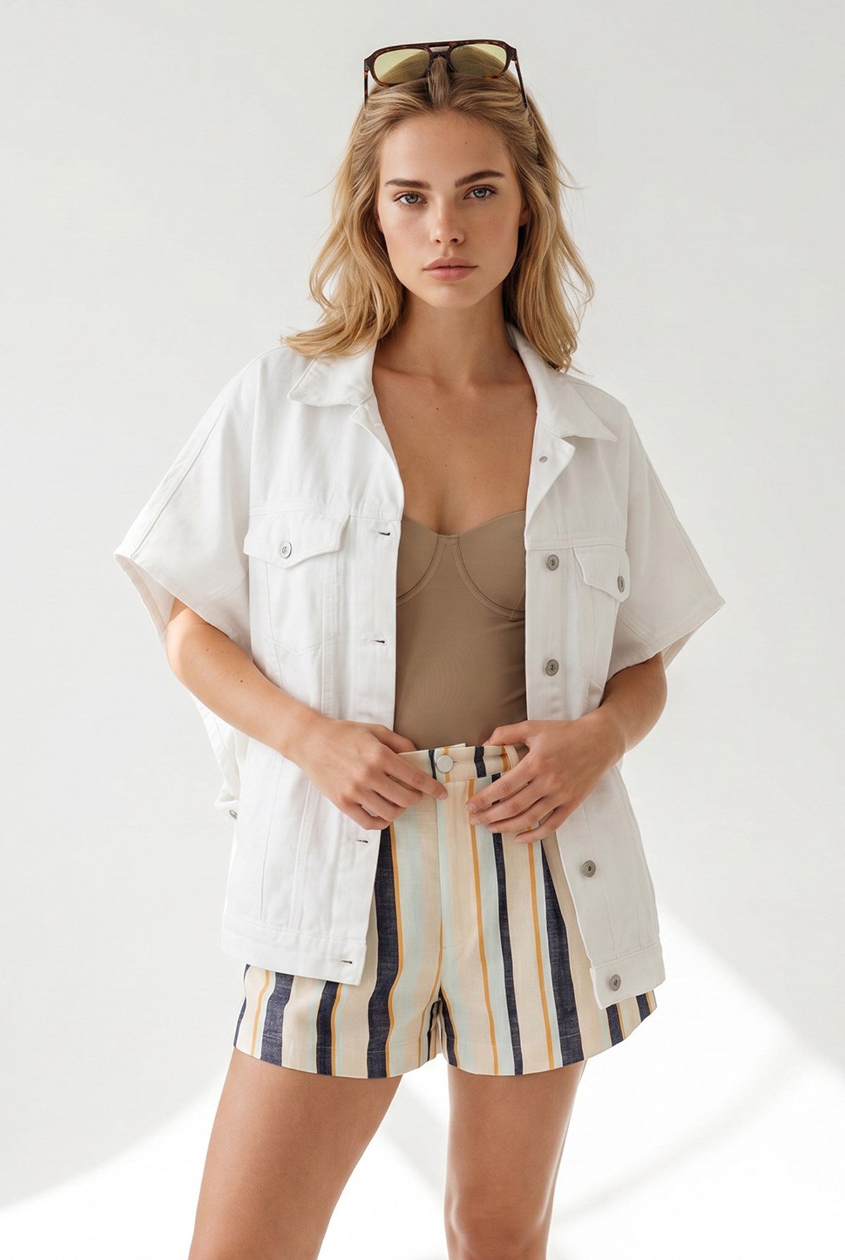 Oversize Yarasa Cepli Denim Yelek Beyaz