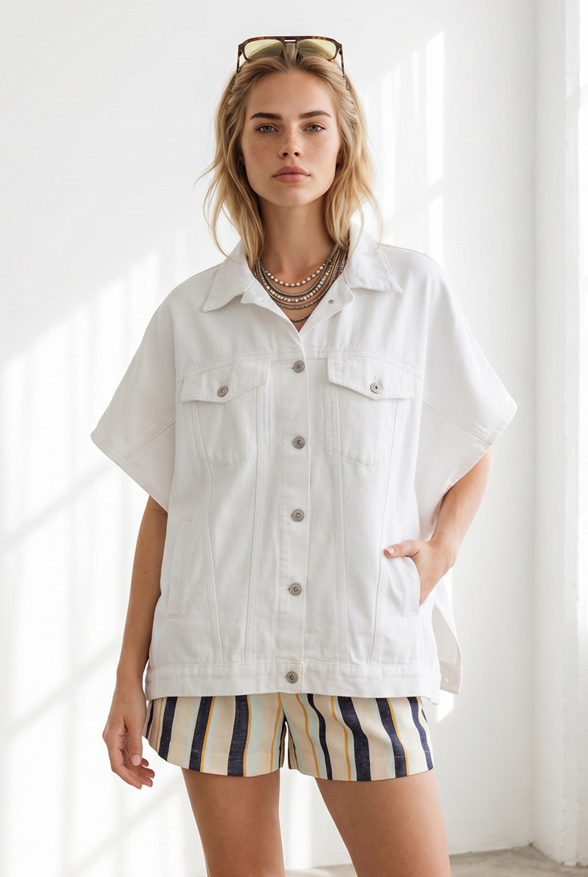 Oversize Yarasa Cepli Denim Yelek Beyaz