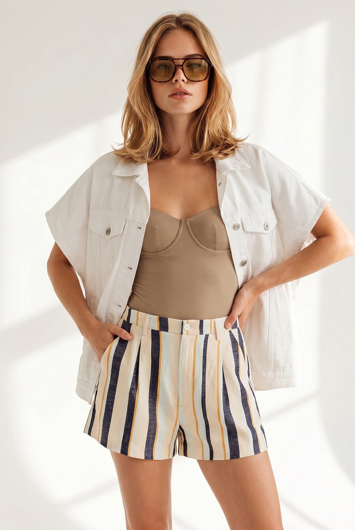 Oversize Yarasa Cepli Denim Yelek Beyaz