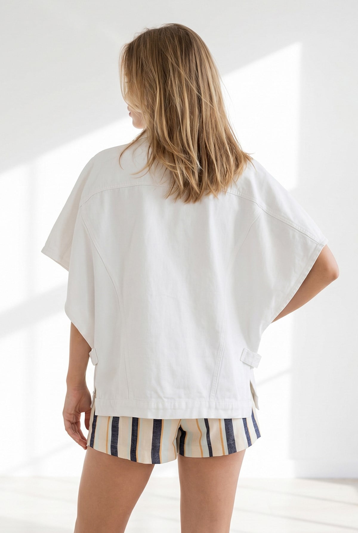 Oversize Yarasa Cepli Denim Yelek Beyaz