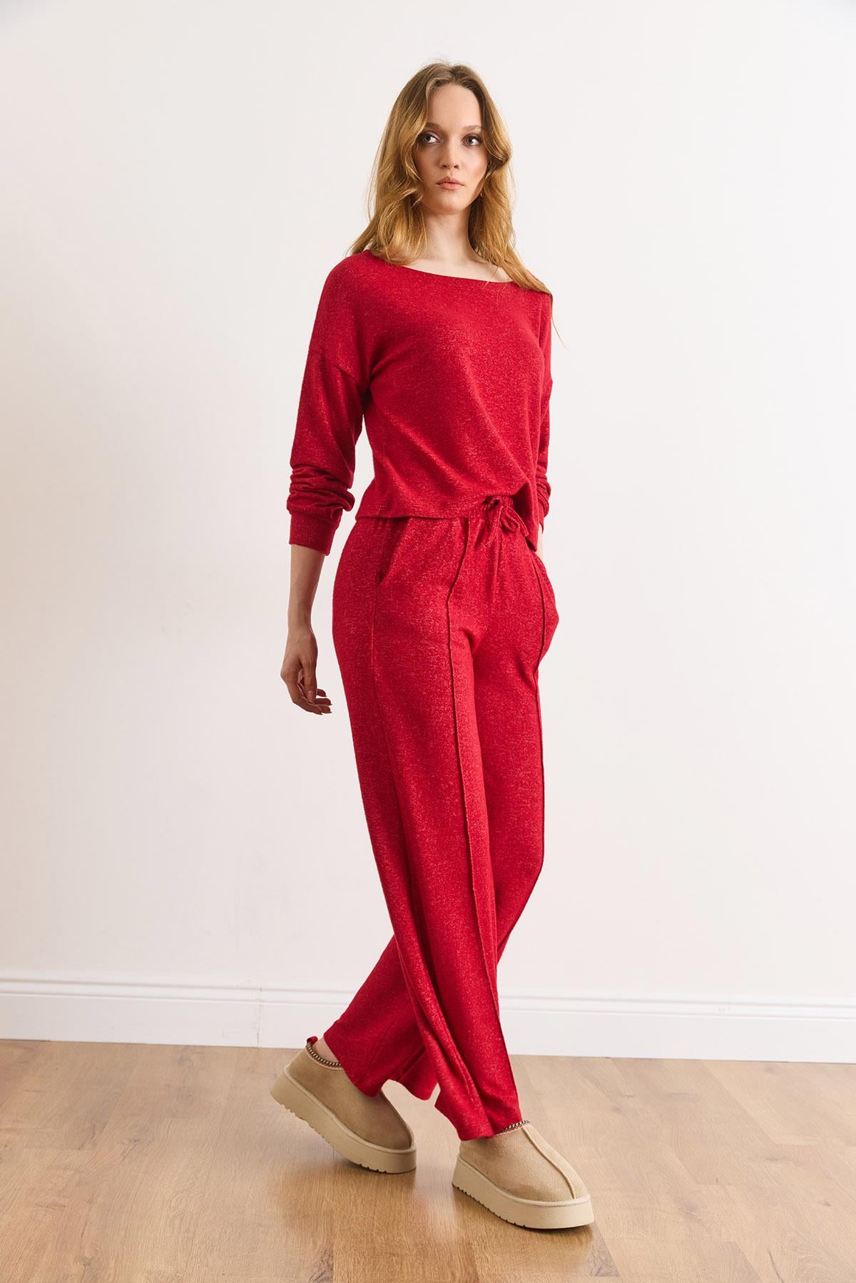 Pantolon Bluz Loose Fit Yumoş Takım Koyu Kırmızı