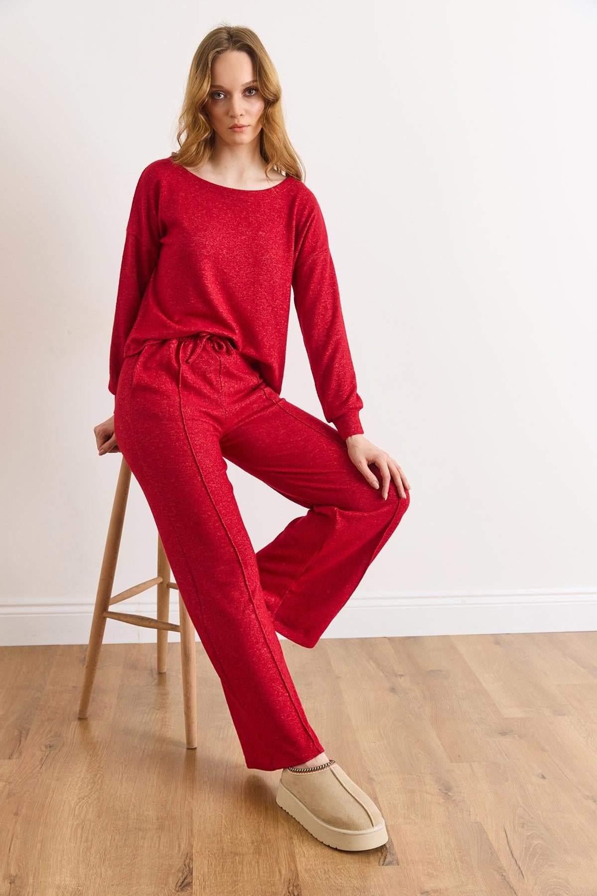 Pantolon Bluz Loose Fit Yumoş Takım Koyu Kırmızı