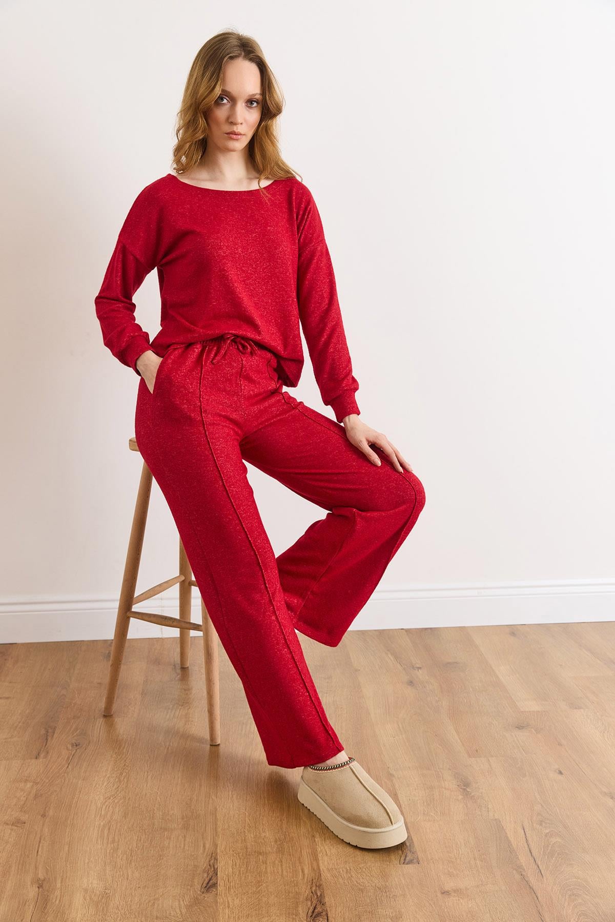 Pantolon Bluz Loose Fit Yumoş Takım Koyu Kırmızı