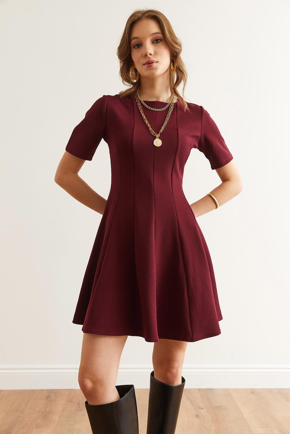 Parçalı Trend Mini Kloş Elbise Bordo