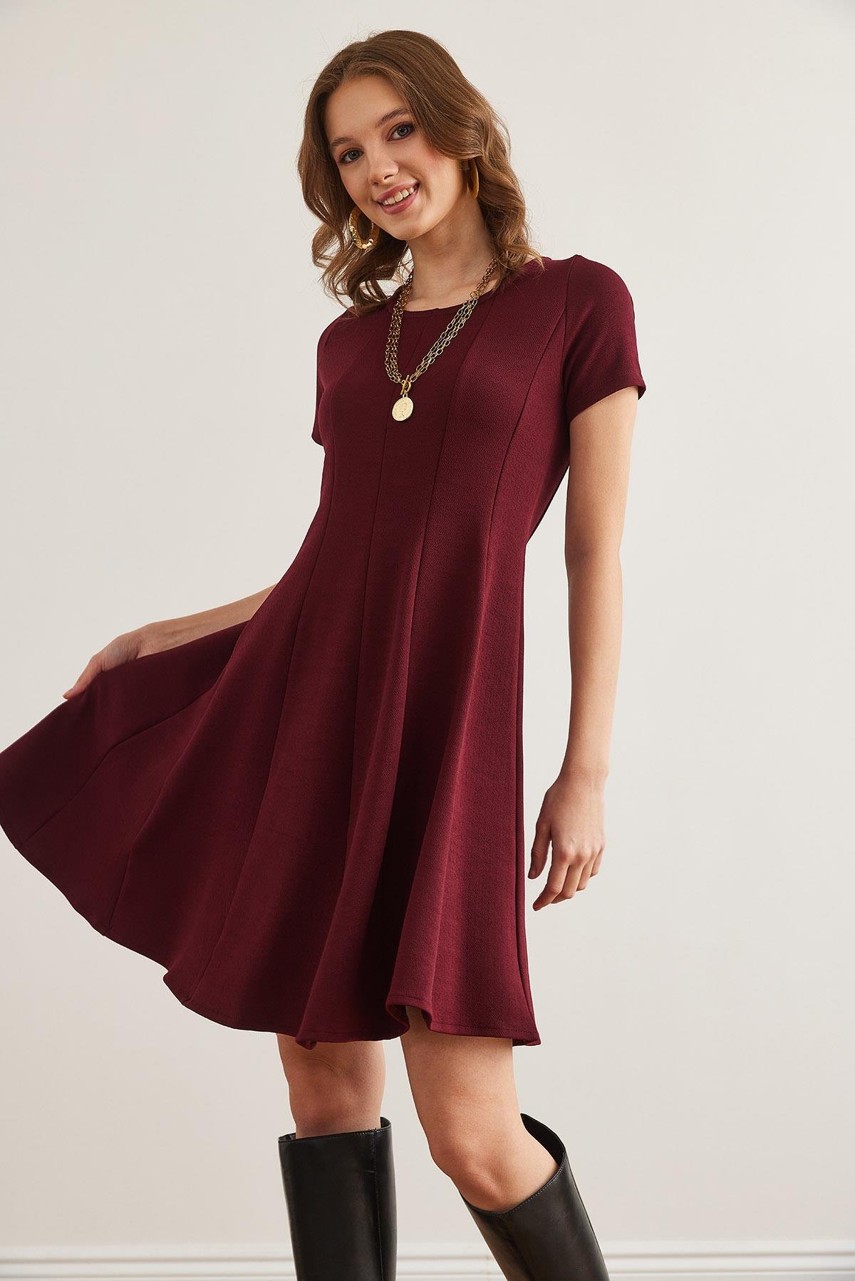 Parçalı Trend Mini Kloş Elbise Bordo