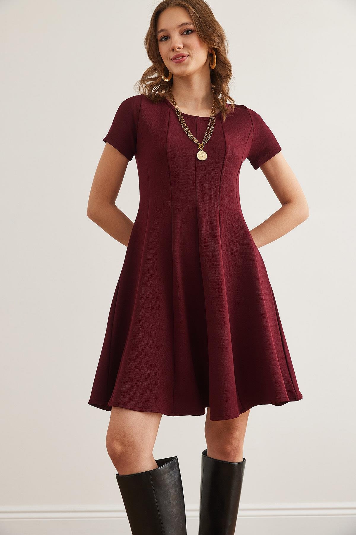 Parçalı Trend Mini Kloş Elbise Bordo