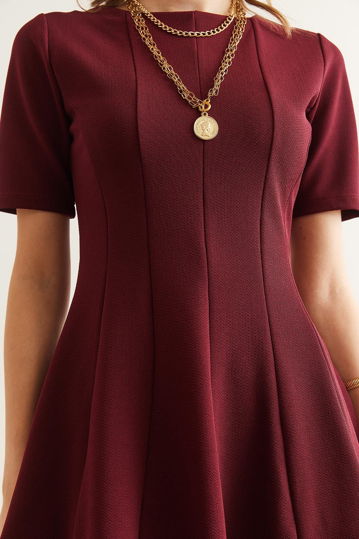 Parçalı Trend Mini Kloş Elbise Bordo