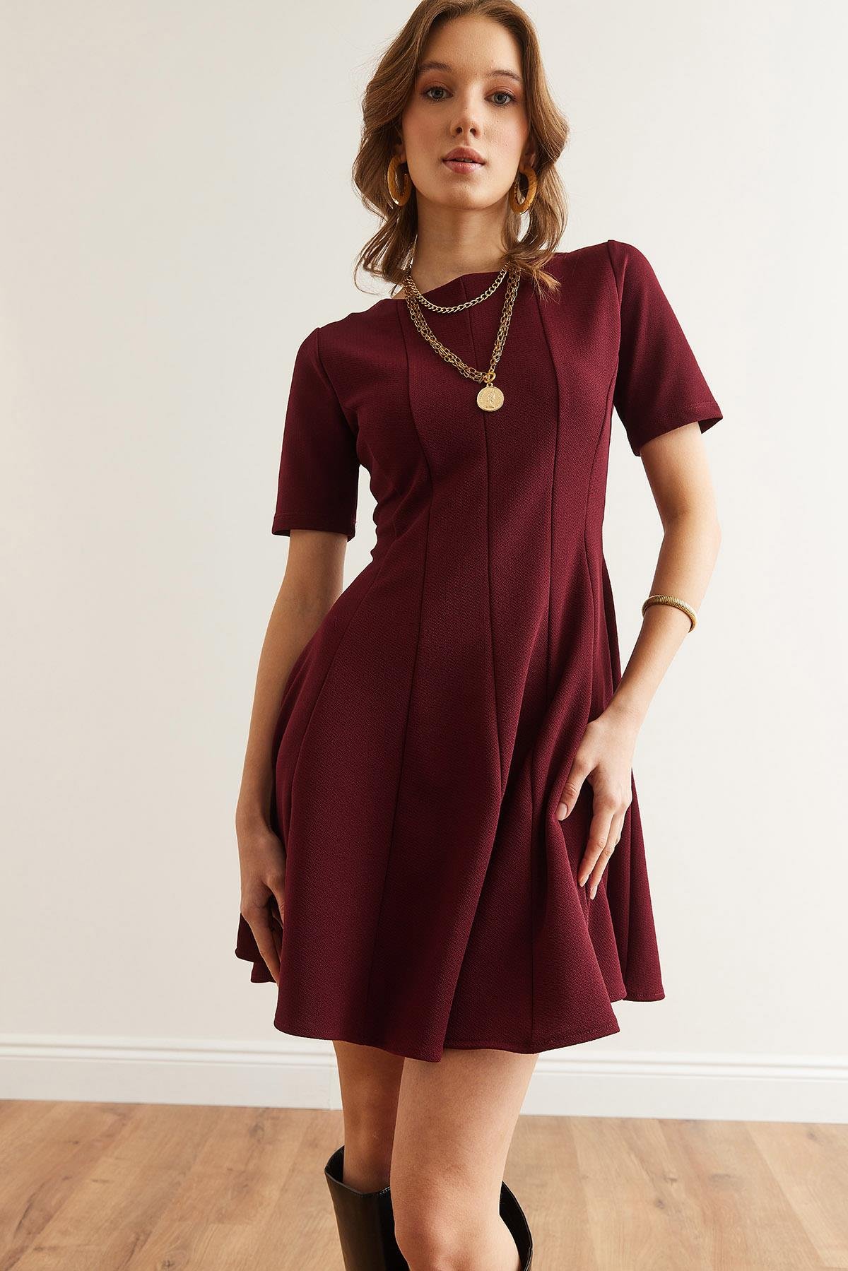 Parçalı Trend Mini Kloş Elbise Bordo