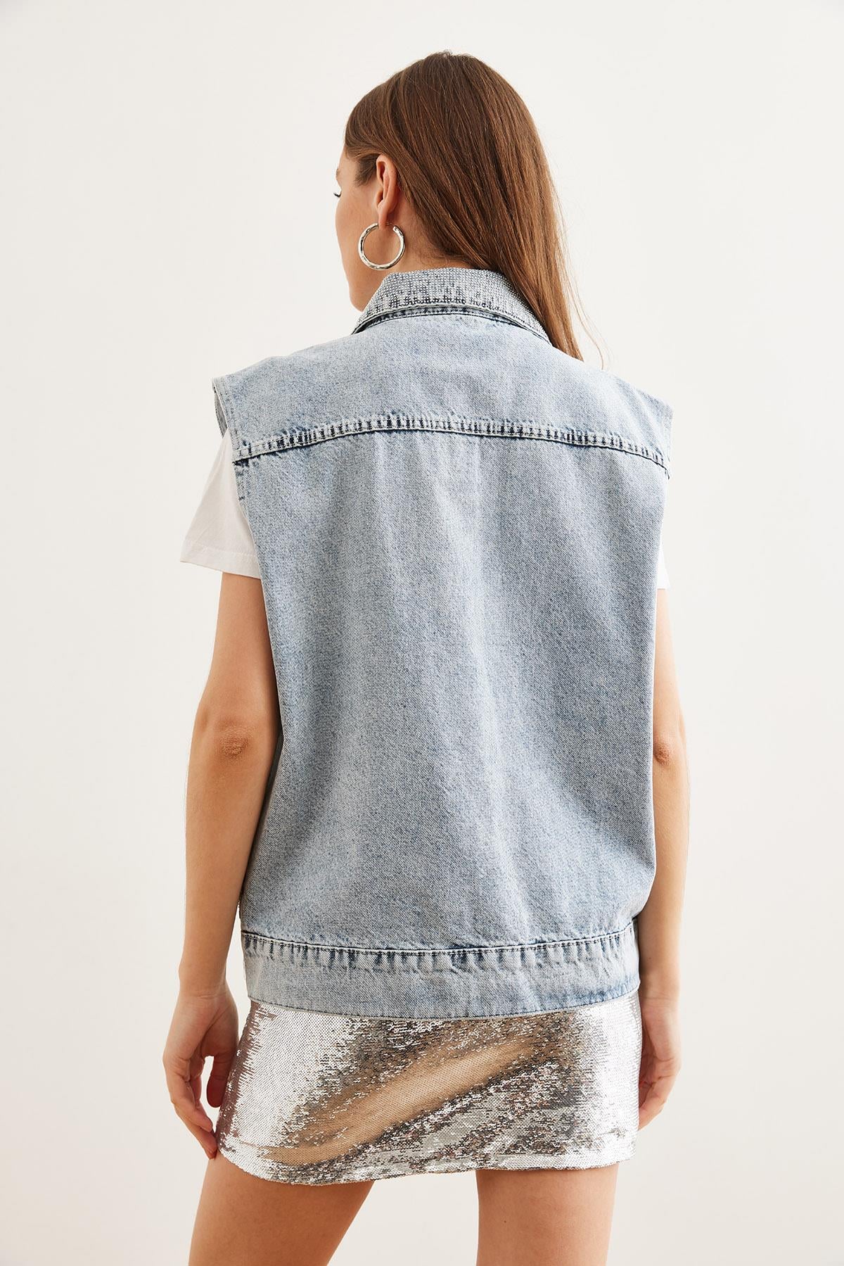 Parlak Taş Detaylı Cepli Oversize Denim Yelek Mavi