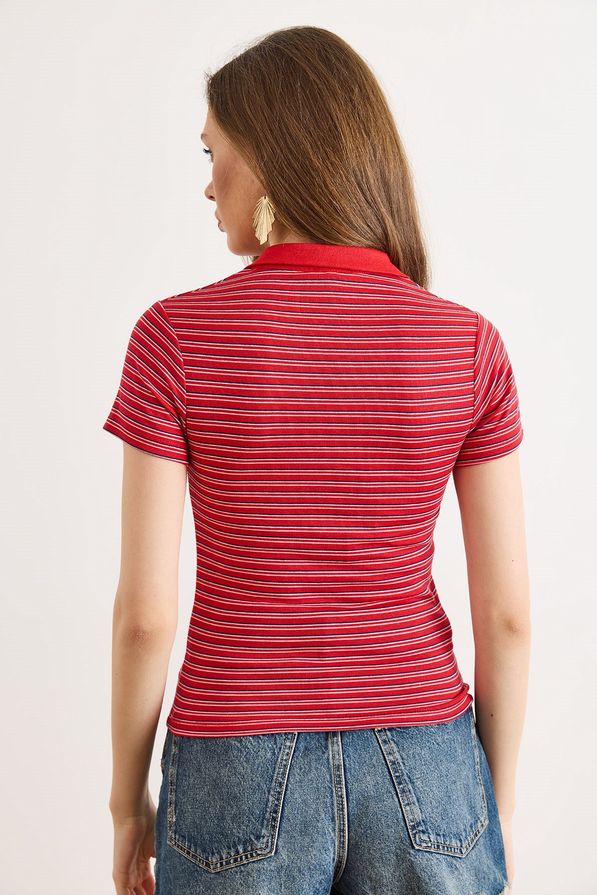 Polo Yaka Çizgili Crop Tişört Kırmızı