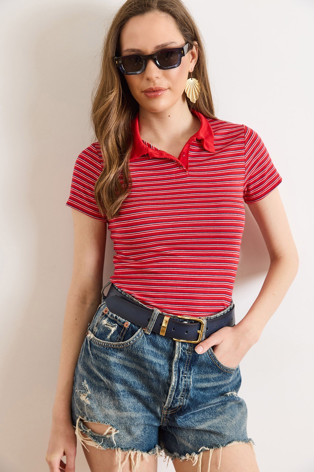 Polo Yaka Çizgili Crop Tişört Kırmızı