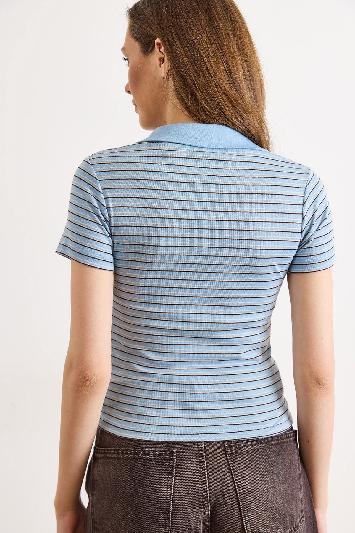Polo Yaka Çizgili Crop Tişört Mavi