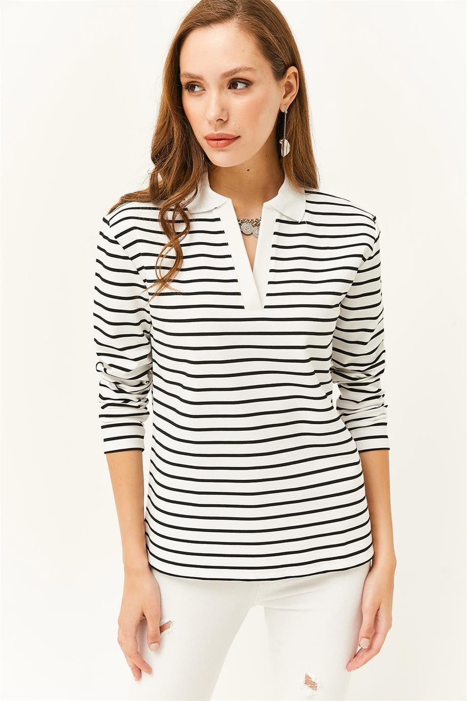 Polo Yaka Çizgili Sweatshirt Beyaz
