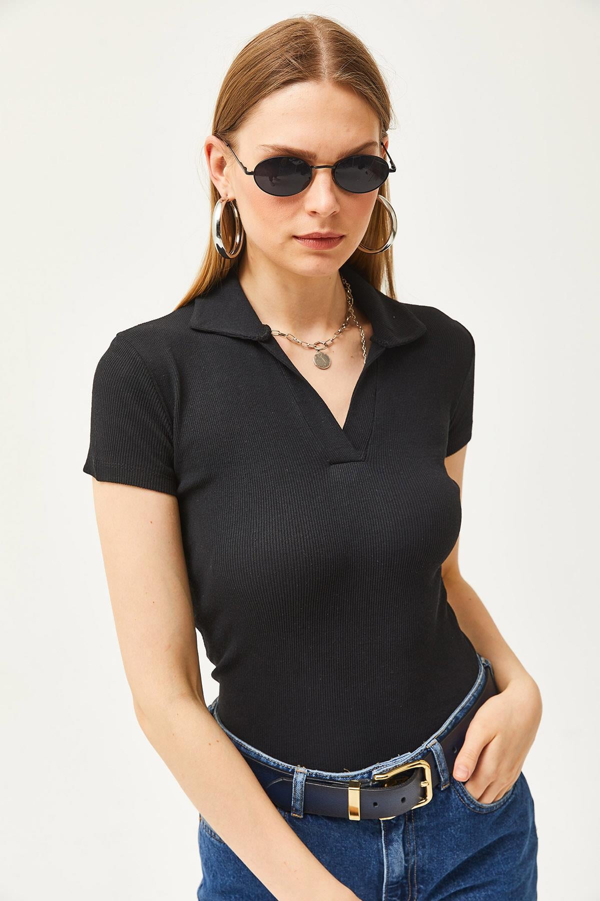 Polo Yaka Örme Bluz Siyah