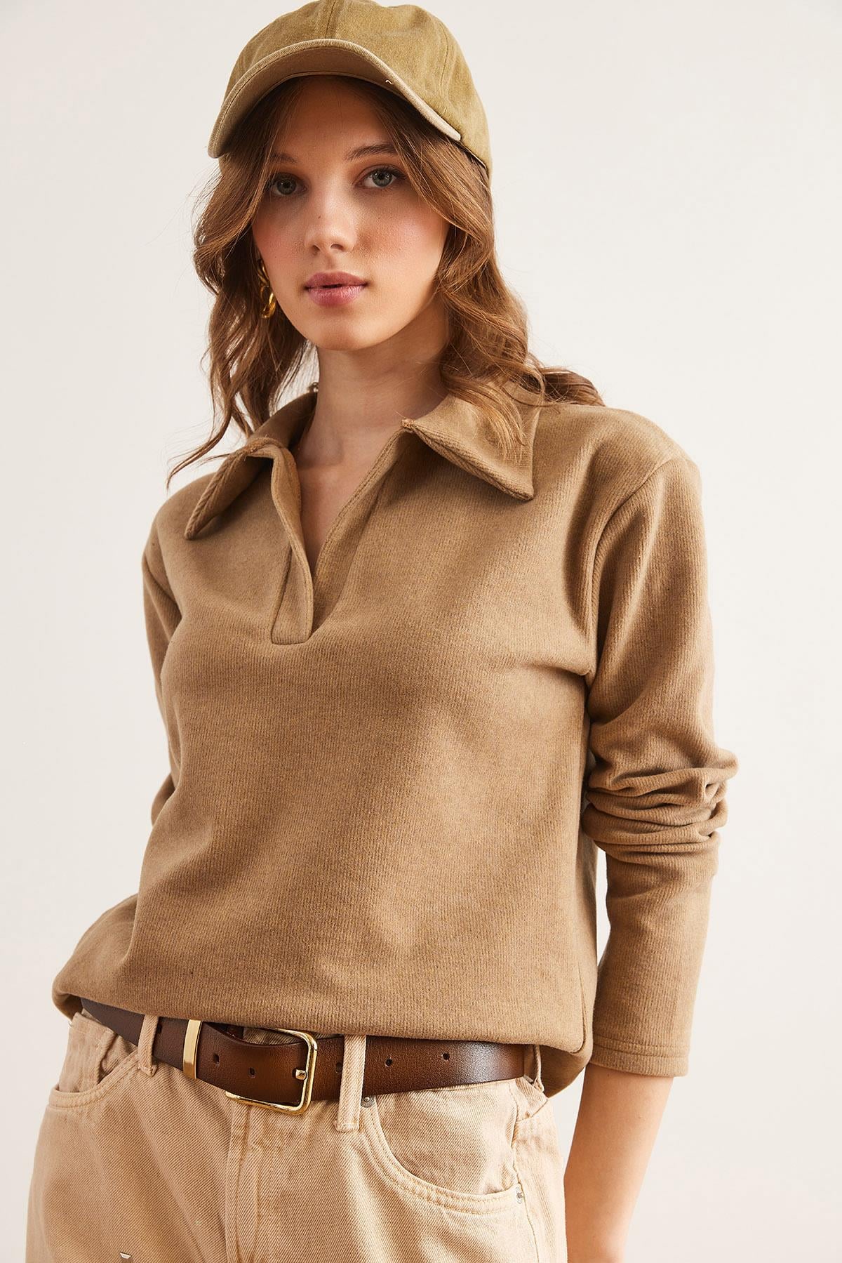 Polo Yaka Selanik Bluz Camel