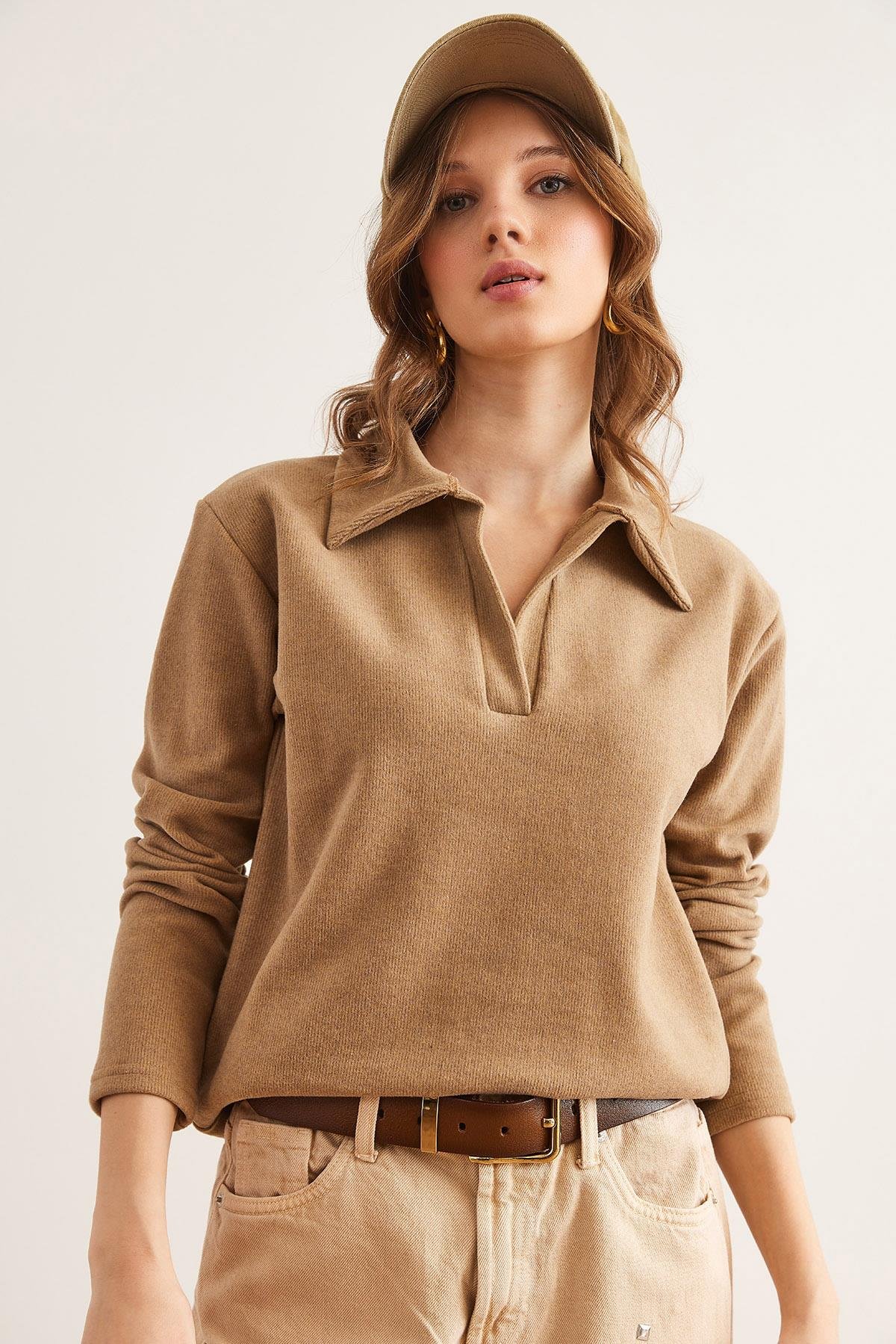 Polo Yaka Selanik Bluz Camel