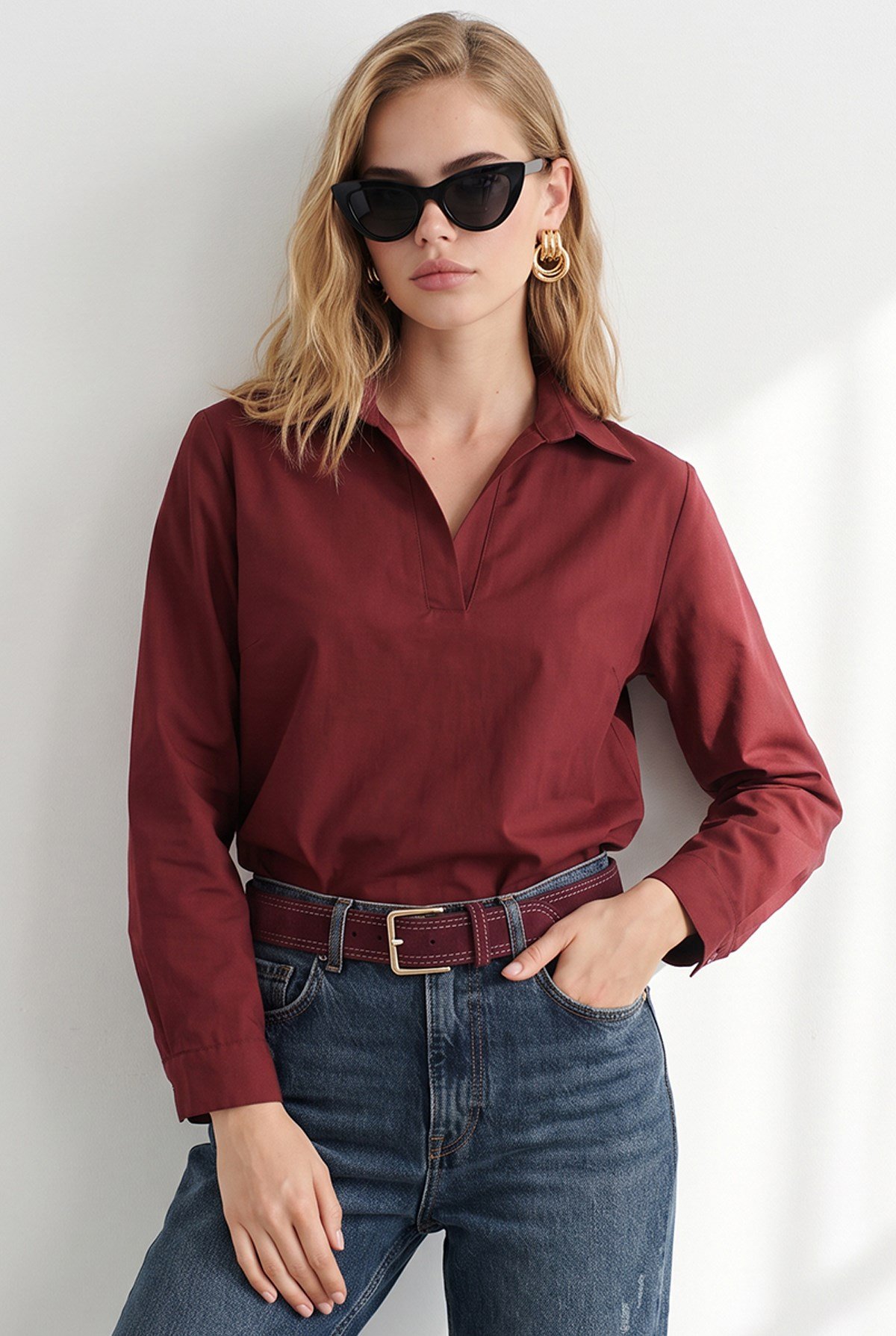 Polo Yaka Sırtı Pileli Dokuma Bluz Bordo