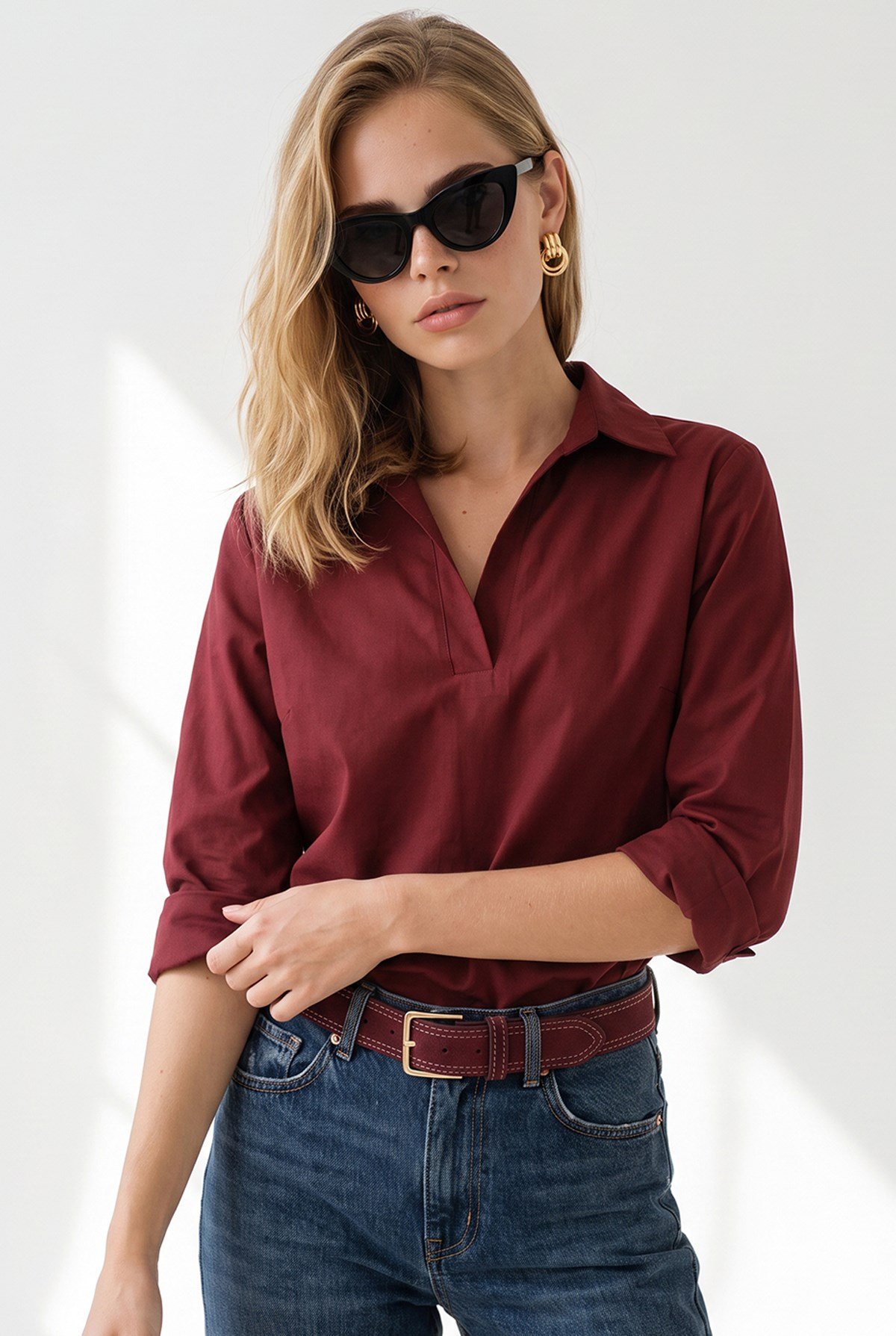 Polo Yaka Sırtı Pileli Dokuma Bluz Bordo