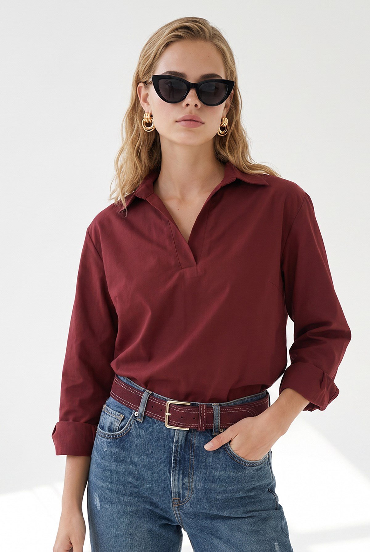 Polo Yaka Sırtı Pileli Dokuma Bluz Bordo