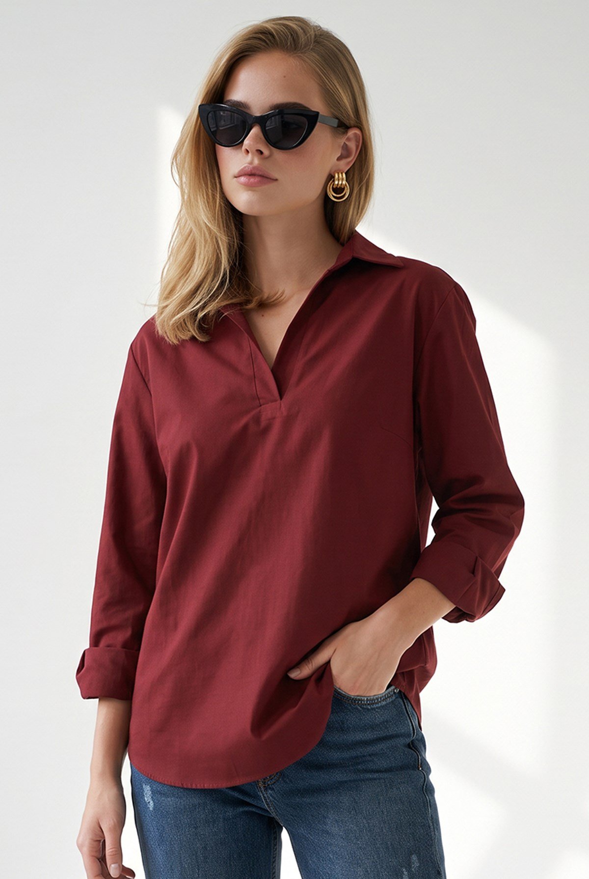 Polo Yaka Sırtı Pileli Dokuma Bluz Bordo
