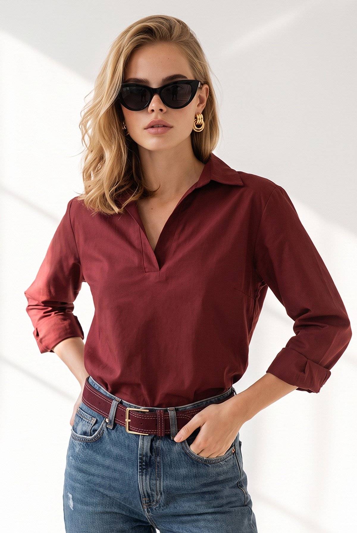 Polo Yaka Sırtı Pileli Dokuma Bluz Bordo