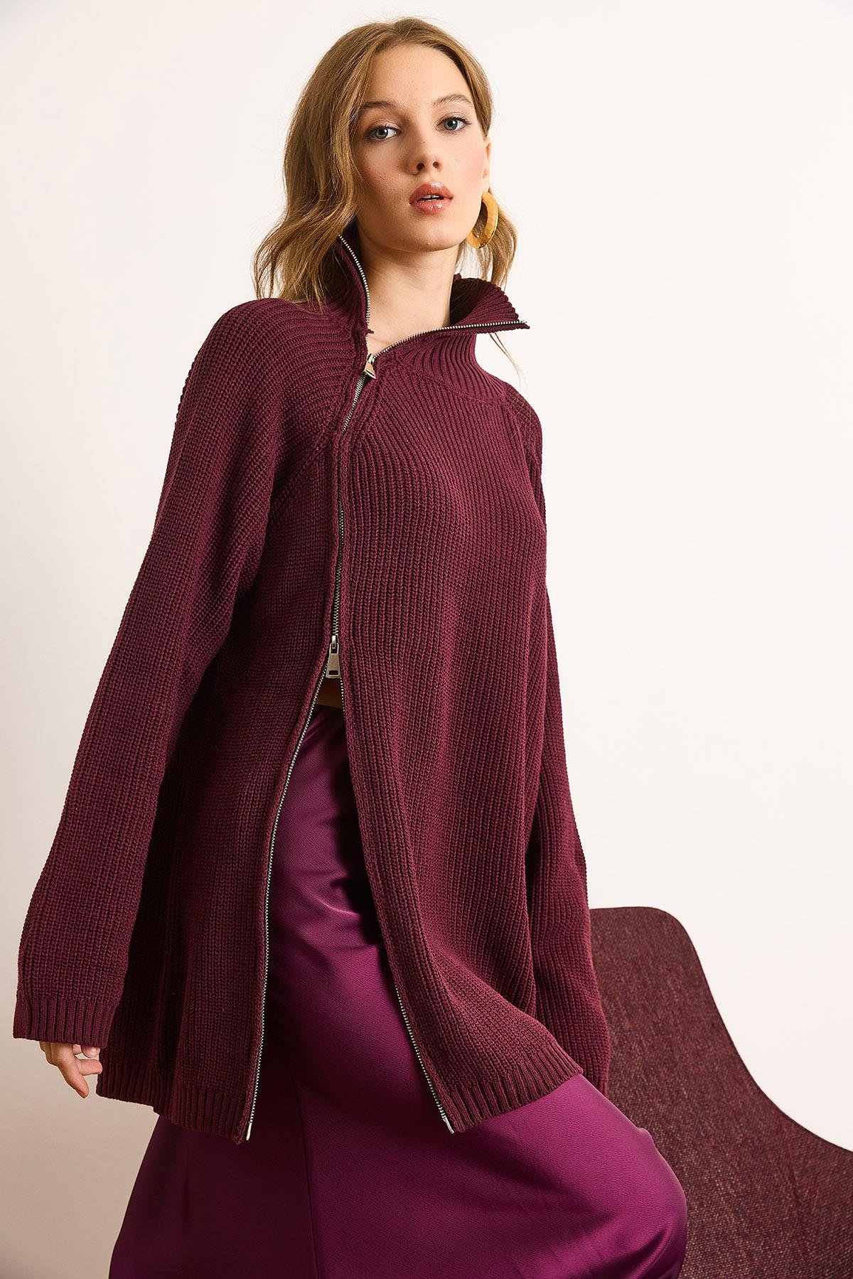 Premium Çift Taraflı Fermuar Detaylı Pamuk Oversize Kazak Bordo